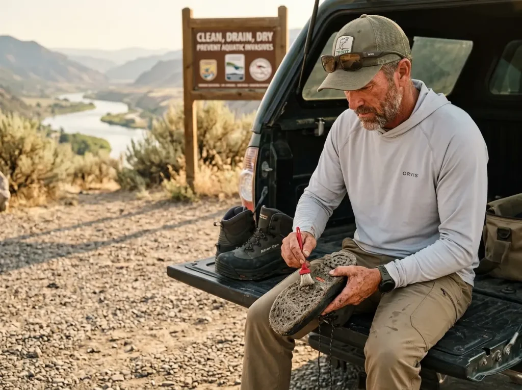 Fly fishing guide inspecting a felt sole for aquatic invasive species at a scenic gravel trailhead.