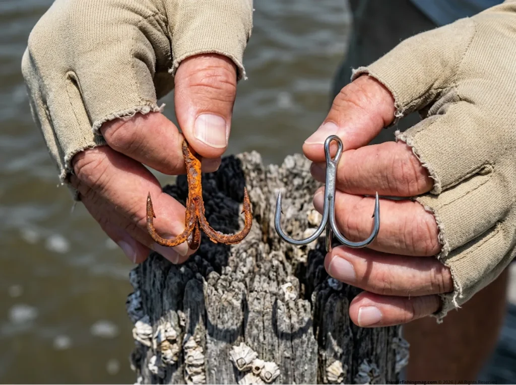Close up of a rusted Gamakatsu treble hook next to a clean one, showing electrochemistry and oxidation rust damage.