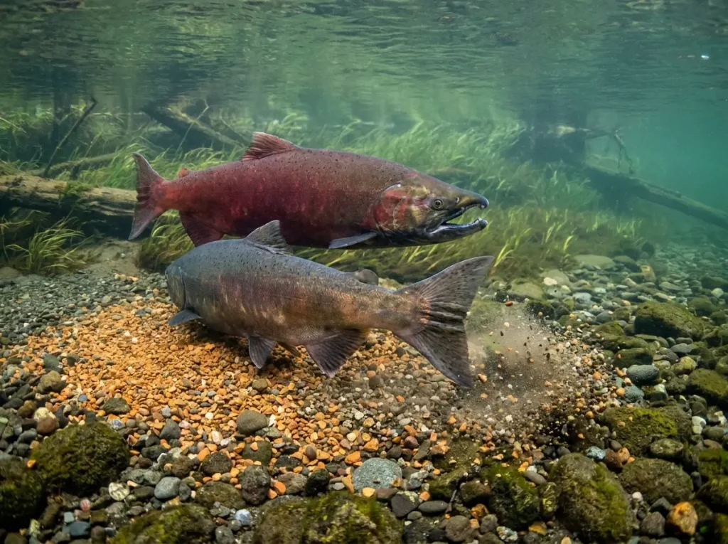 Chinook salmon pair spawning on clean gravel redd in Elwha River tributary after dam removal