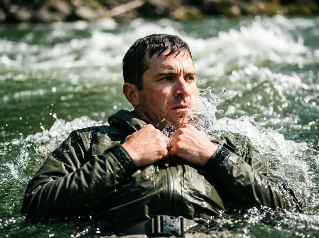 Angler in defensive swim position floating through river