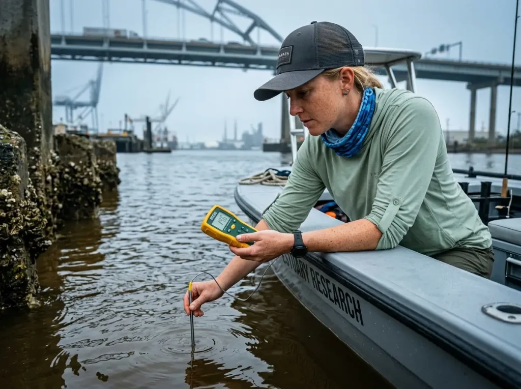 Professional guide checking environmental temperature and pH conditions with a digital thermometer.