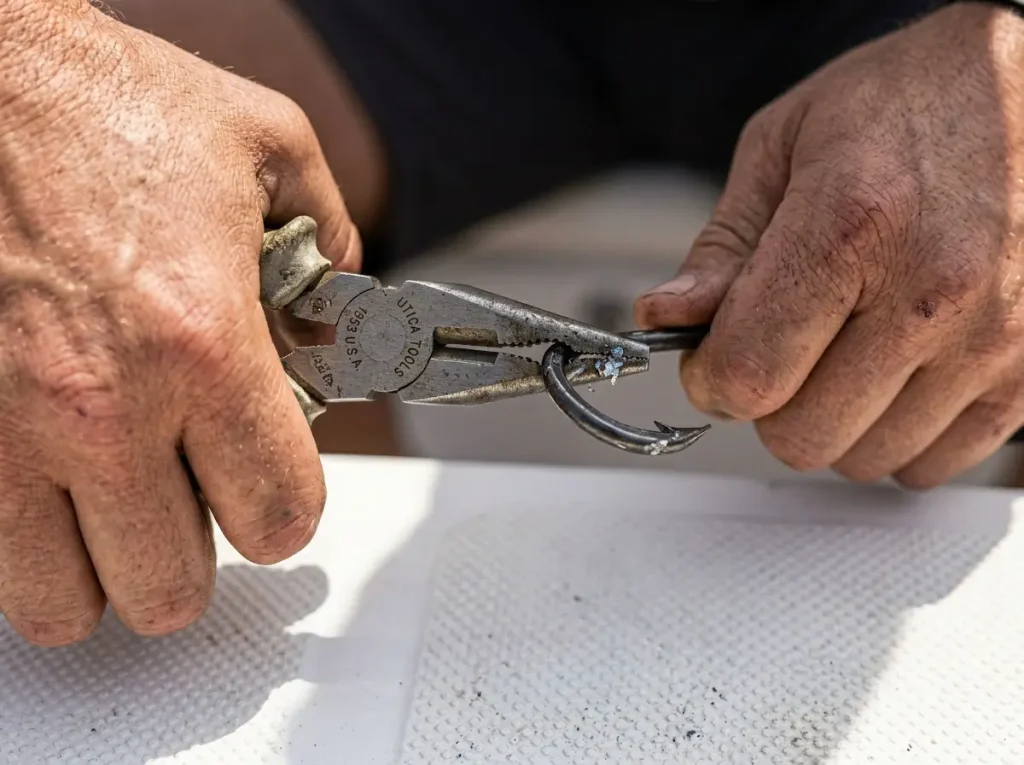 Angler crushing hook barb with titanium pliers   