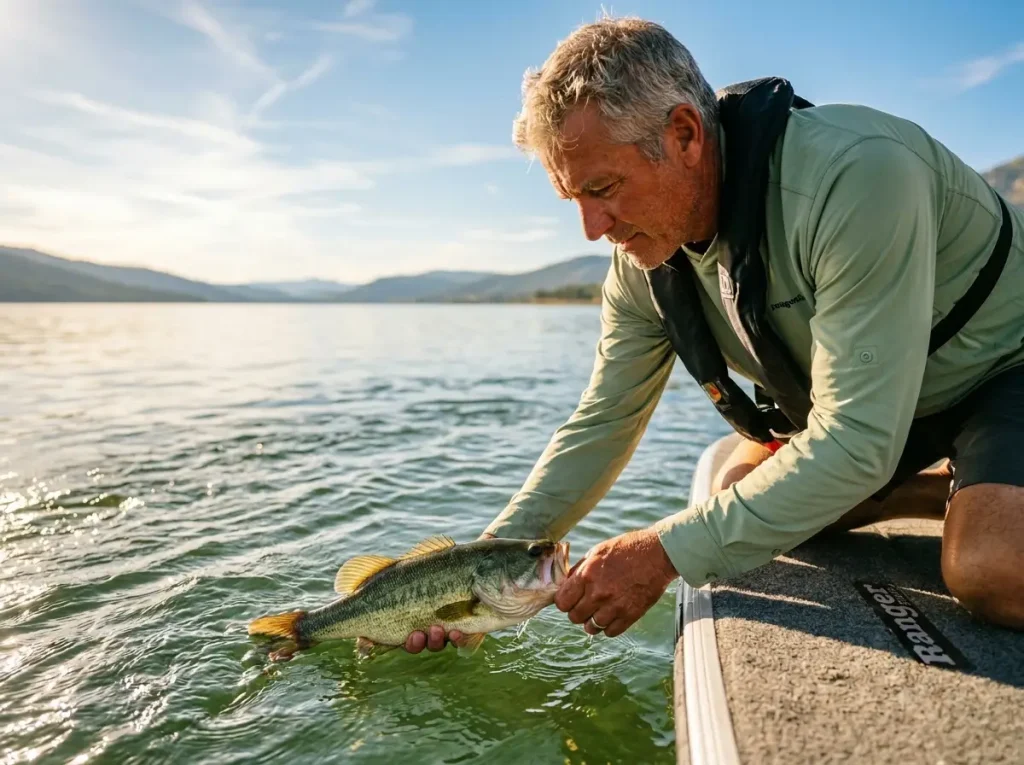 Ethical angler gently releasing a healthy bass into oxygenated water.