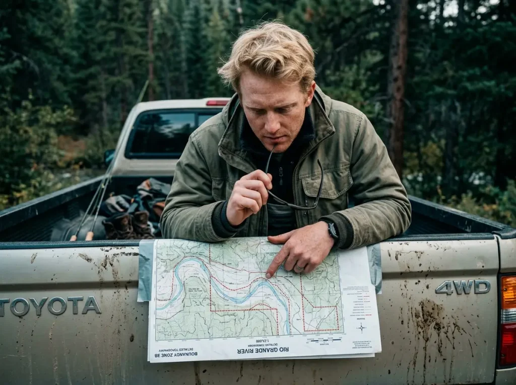 Angler checking regional fishing maps on a truck tailgate 