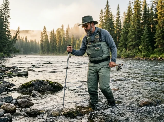 ethical-wade-fishing-stream-assessment Experienced angler carefully reading the stream bed substrate before taking a step.