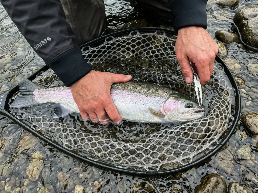 Releasing a wild steelhead using a rubber net and barbless hook