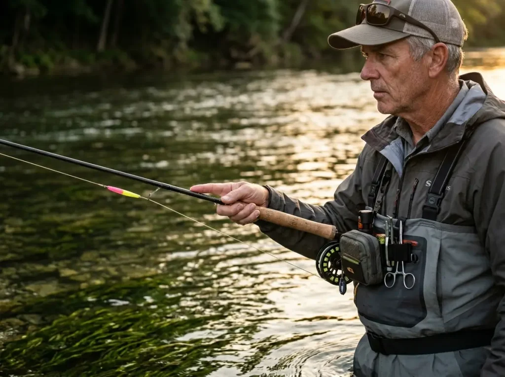 Angler holding rod cork detecting strikes via mono rig vibration