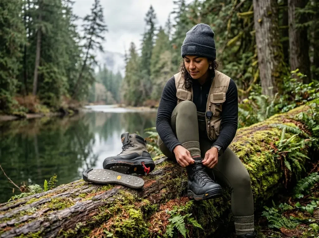 Female guide evaluating Simms and Korkers wading boots side-by-side on a mossy log