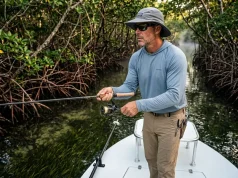Everglades Backcountry Fishing: What Guides Miss Angler holding a Shimano Sustain FK reel on a skiff in the Everglades backcountry at sunrise