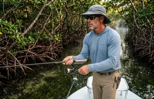 Everglades Backcountry Fishing: What Guides Miss Angler holding a Shimano Sustain FK reel on a skiff in the Everglades backcountry at sunrise