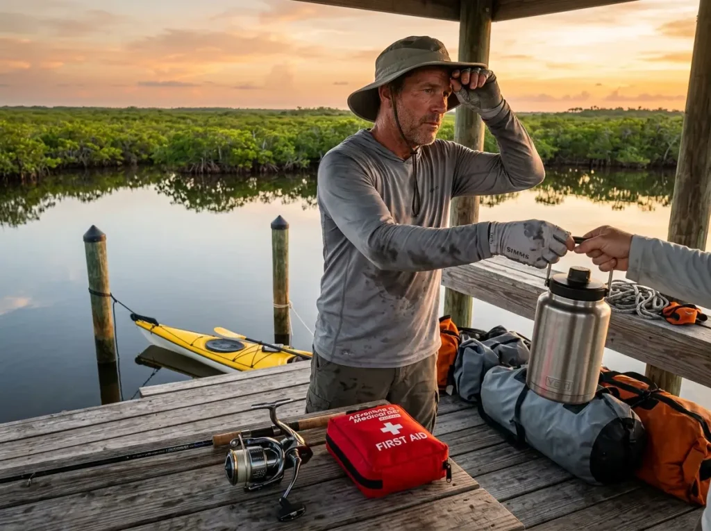 Angler managing hydration on an Everglades backcountry chickee platform 