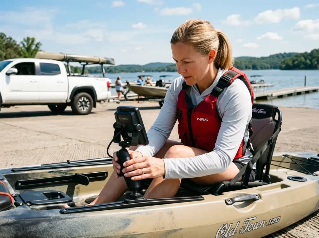 Kayak angler inspecting flexible factory polymer rail compared to proper aftermarket kayak rigging accessory rail track systems.