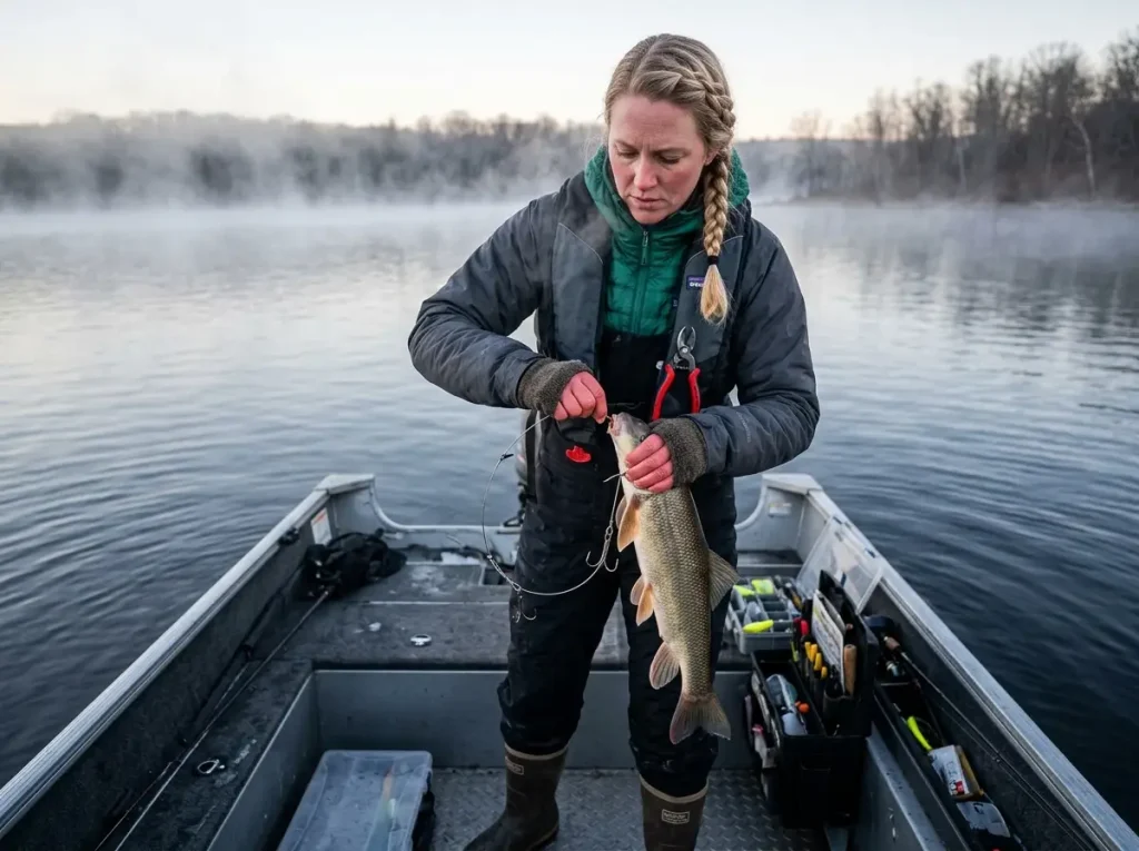 Preparing a large bait for late fall musky fishing patterns