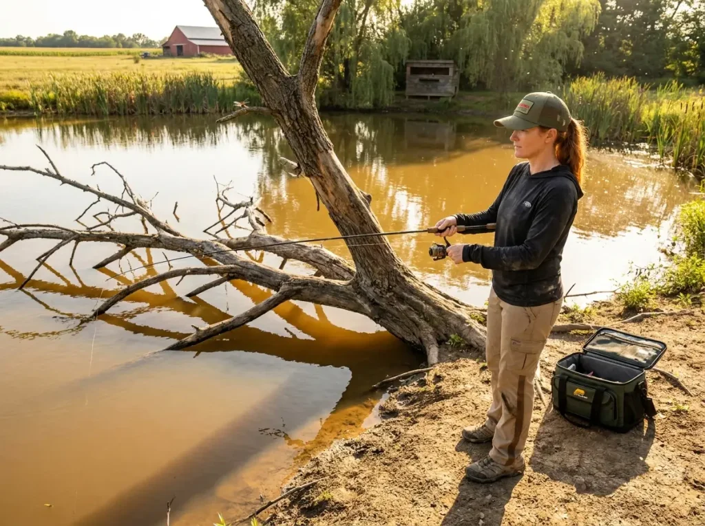 Overhead view of angler fan casting around a fallen tree from the bank