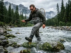 Felt vs Rubber Sole Wading Boots Field Tested Angler testing felt vs rubber sole wading boots traction comparison mid-stream on slick freestone boulders.