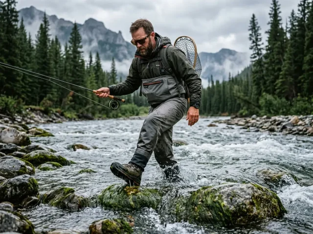 felt-vs-rubber-sole-wading-boots-traction-comparison Angler testing felt vs rubber sole wading boots traction comparison mid-stream on slick freestone boulders.
