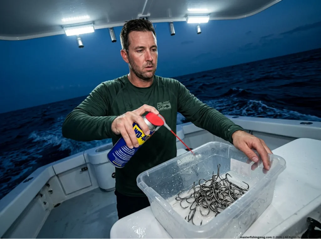 Exhausted offshore angler spraying WD-40 onto wet Mustad treble hooks on a boat deck for emergency field rust prevention.