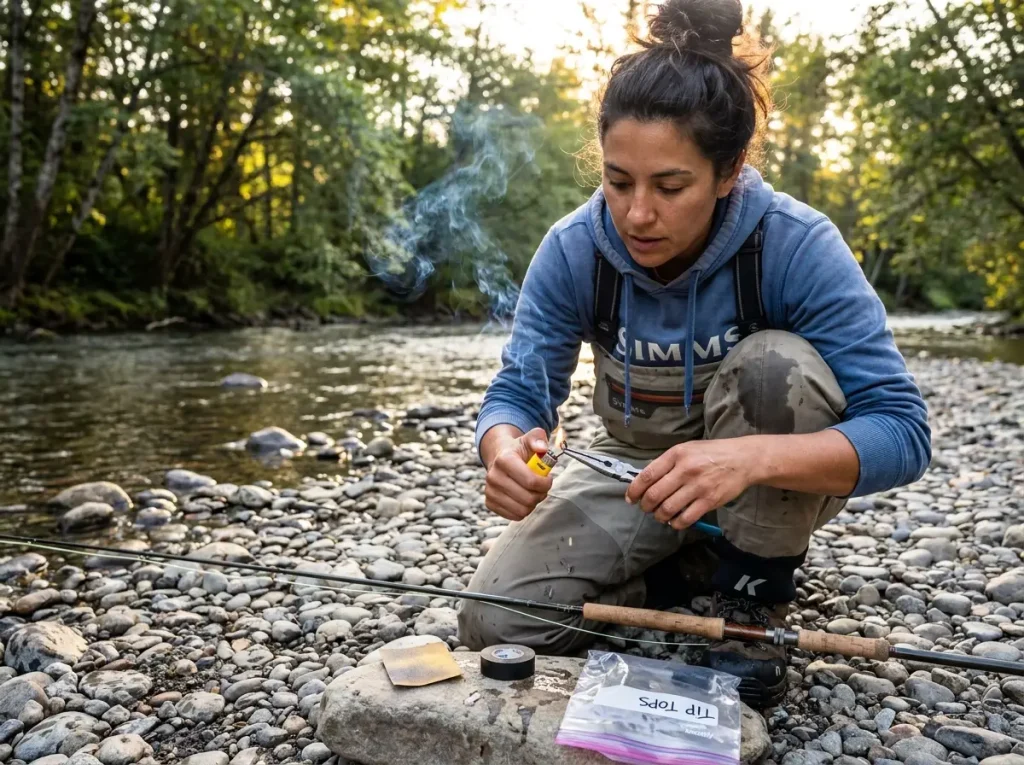 Angler using a lighter and electrical tape to fix a broken rod tip streamside