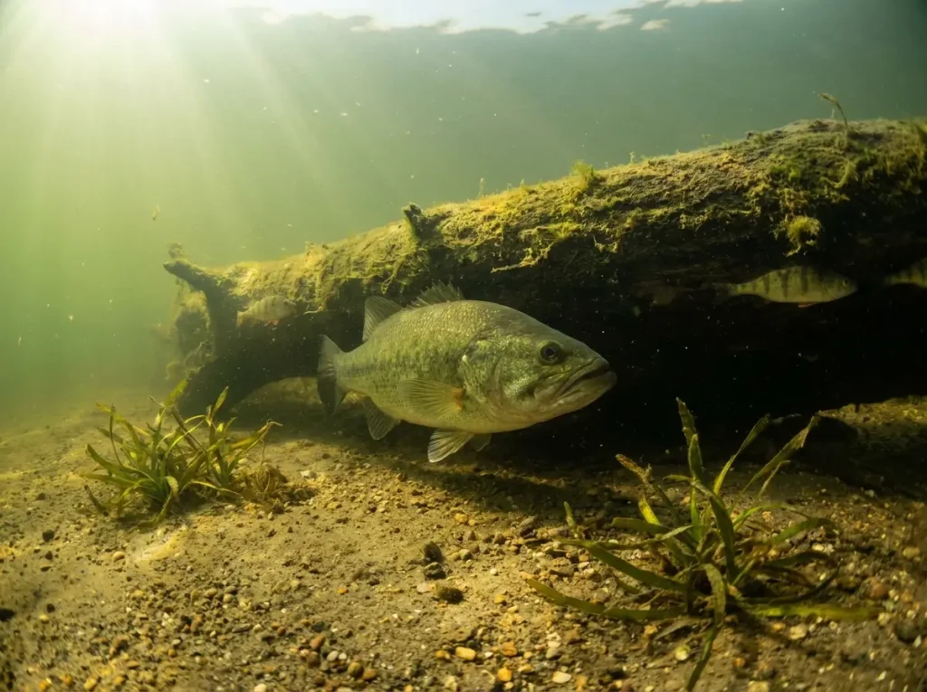 Largemouth bass holding in shadow of submerged log in freshwater lake