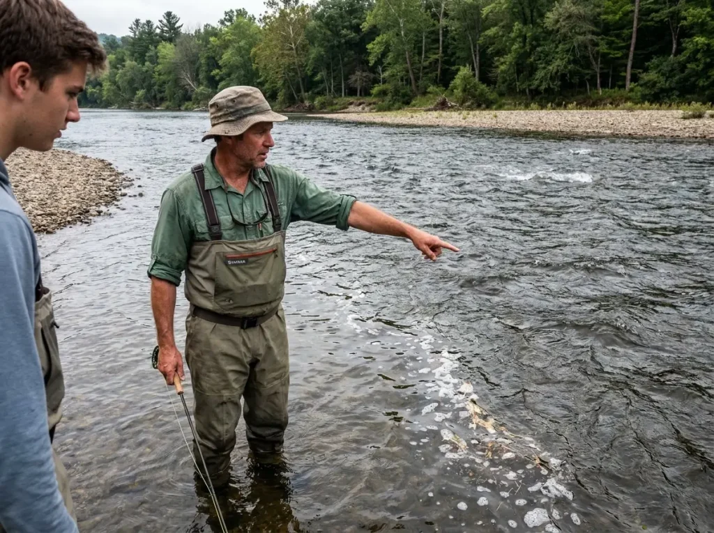 Angler in waders pointing to current seam on river where fish hold position