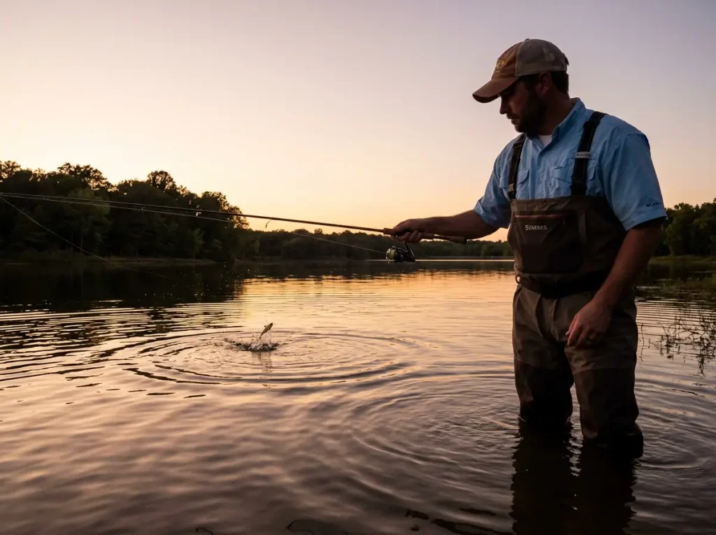 Angler casting toward surface-rising fish during evening golden hour feeding window