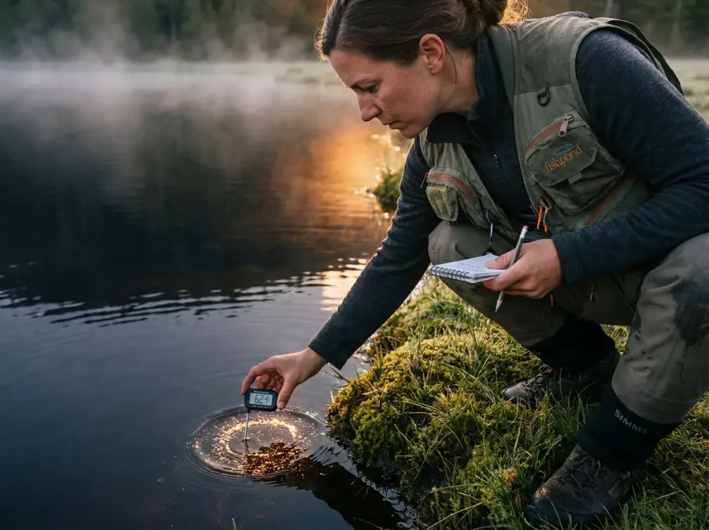 Angler checking water temperature with digital thermometer at lake edge in early morning