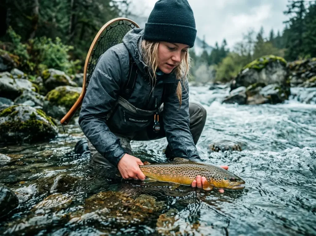 Releasing a fish safely in clear river water