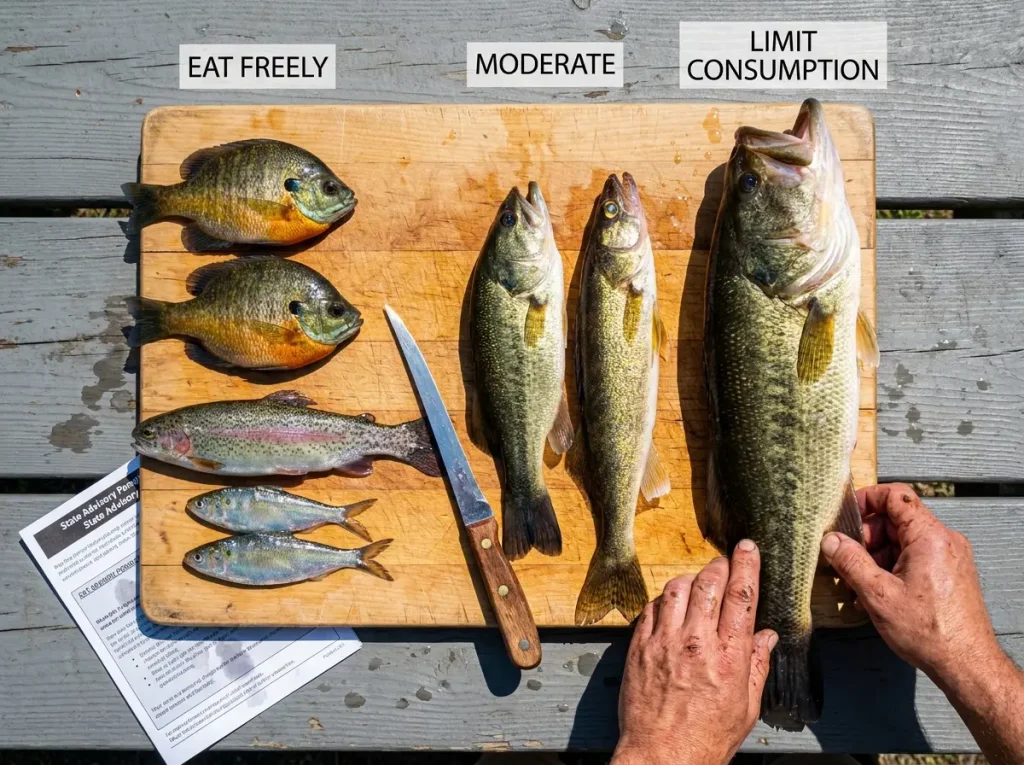 Fresh-caught fish arranged by mercury risk level on cutting board