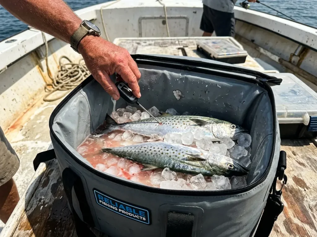 Whole fish packed on ice inside an open fishing cooler bag showing why cold alone doesn't keep a catch fresh