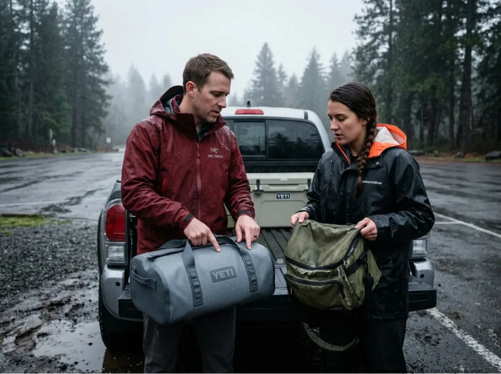 Two anglers comparing a failing polyester tackle bag against a premium welded TPU Yeti duffel bag.