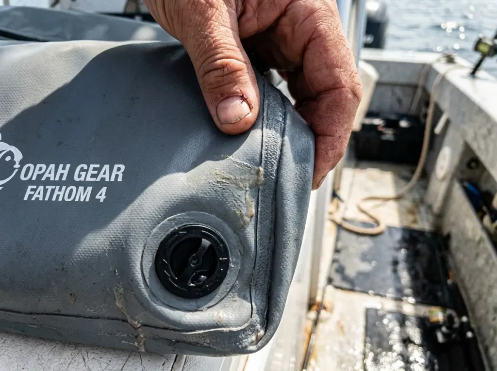 Close-up of a fishing cooler bag's welded seam and drain valve showing the construction that keeps fish fresh