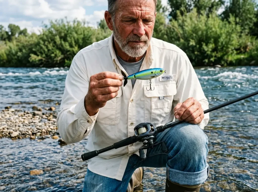 Angler inspecting lure hydrodynamic vibration profile