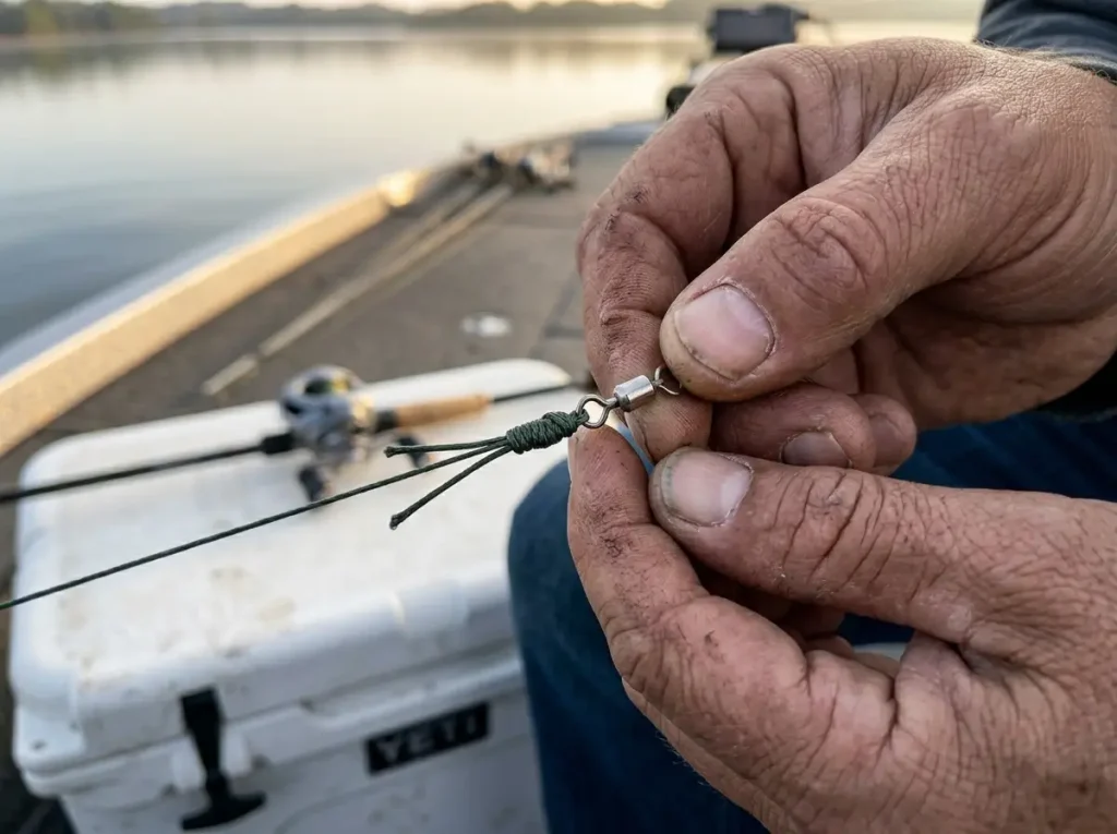 Tying a ball bearing swivel to prevent line twist on a spoon