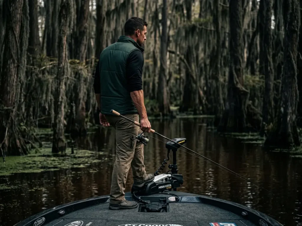 Angler using stealthy trolling motor near pressured fish