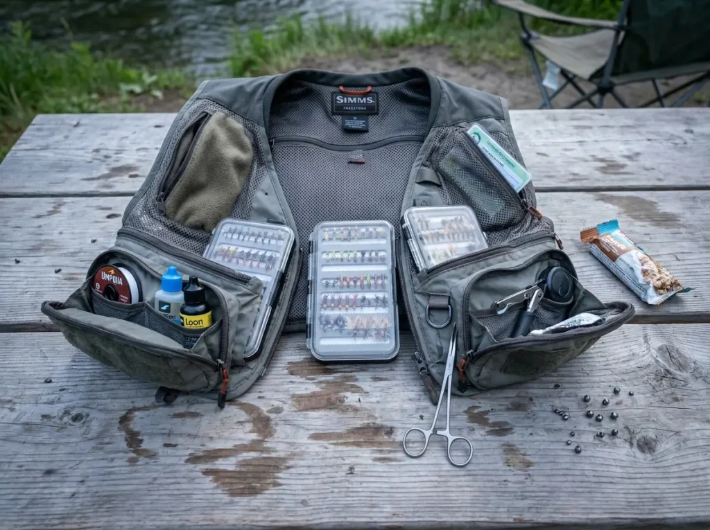 Open fishing vest showing organized fly boxes in multiple pockets