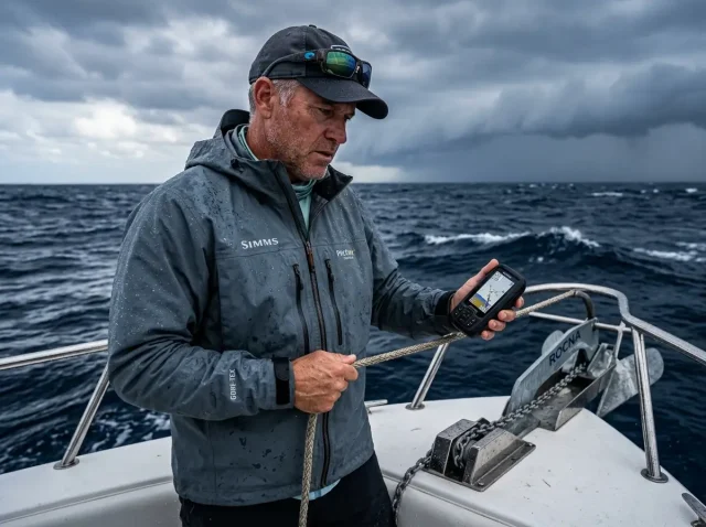 fix-your-anchoring-position Angler checking GPS to fix anchoring position