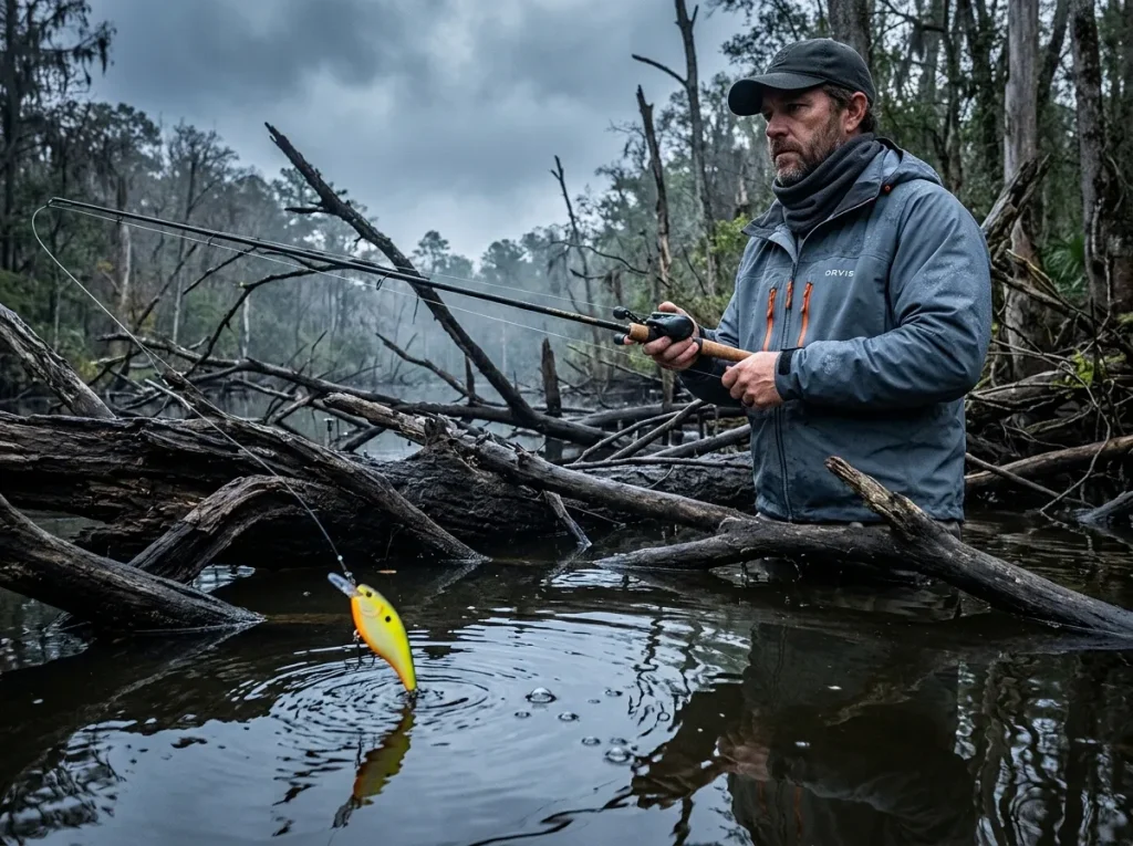 Angler pausing retrieve to allow a buoyant crankbait to clear a submerged timber snag