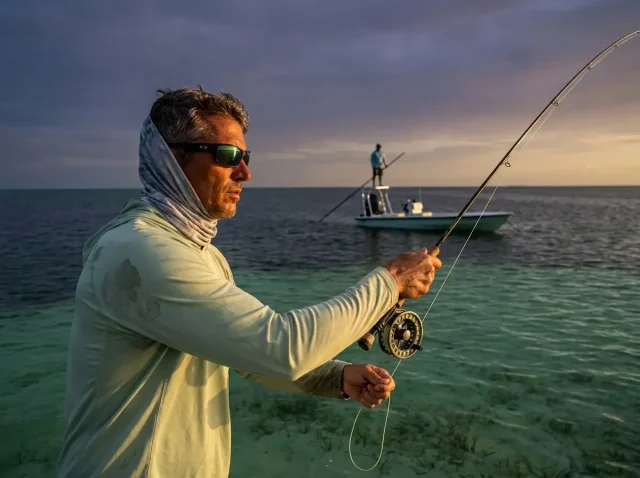 florida-keys-bonefishing-flats-cast-dawn Fly angler mid-cast on a Florida Keys flat at dawn with a flats skiff and guide visible in the background
