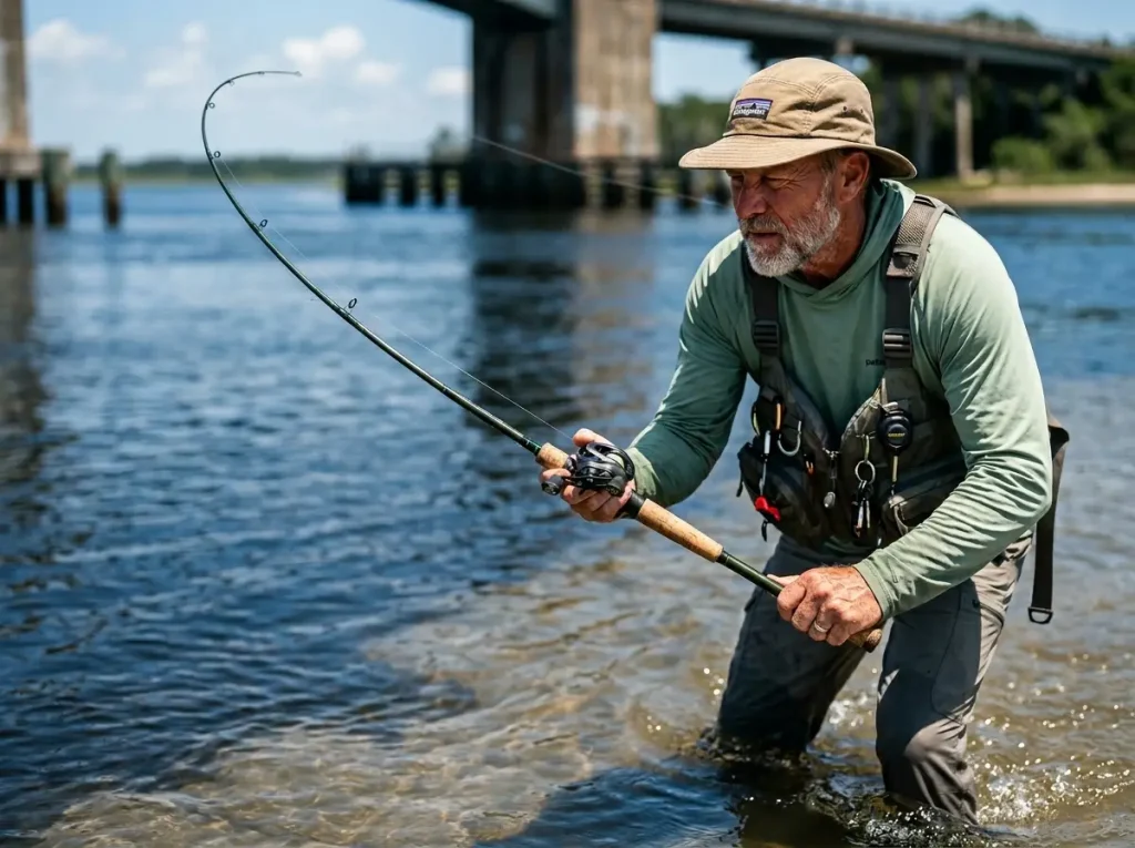 Older angler casting soft plastics showcasing bio-mechanics