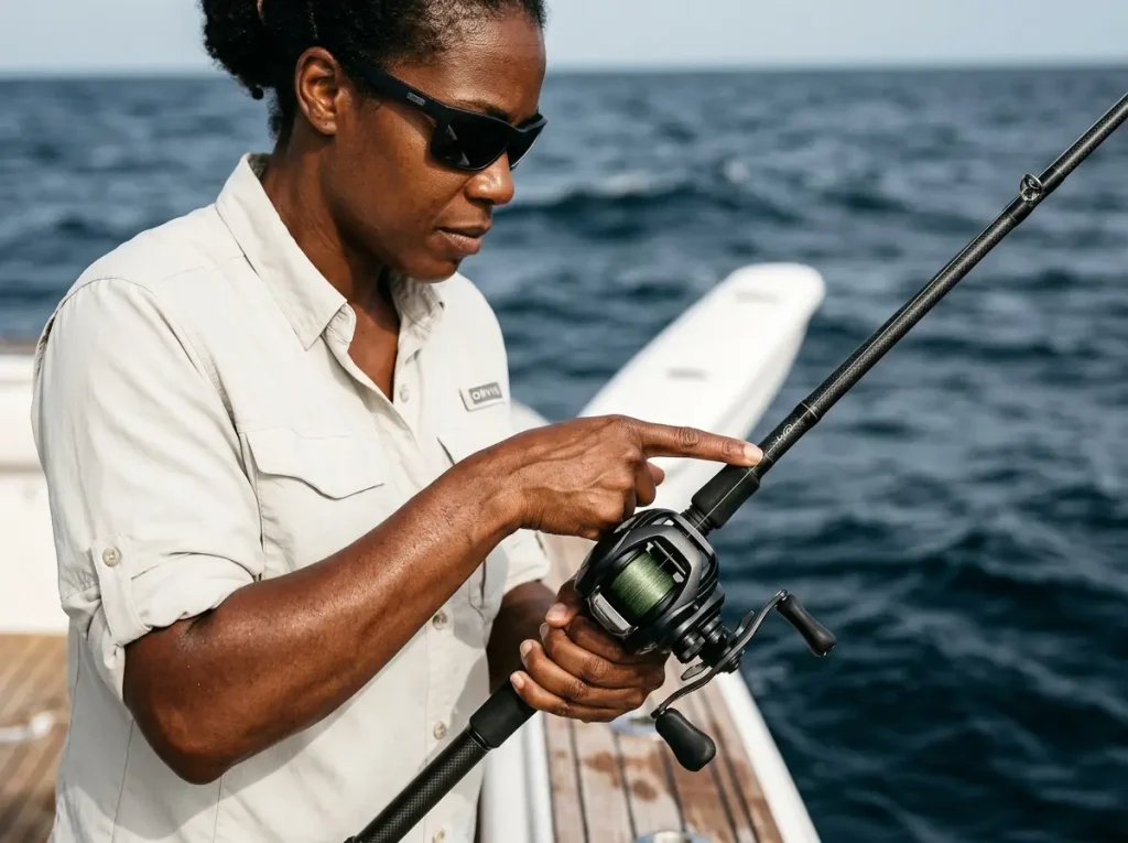 Angler pressing finger on rod blank to detect fluke strikes