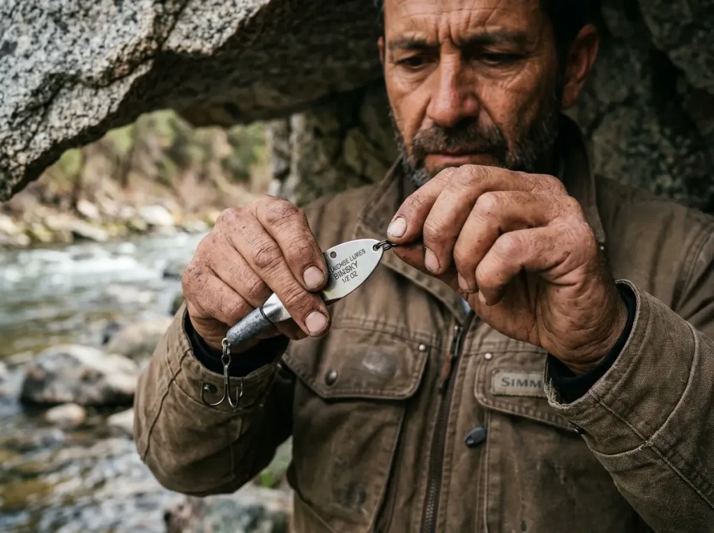 Angler adjusting dorsal hole position on a blade bait for vortex shedding