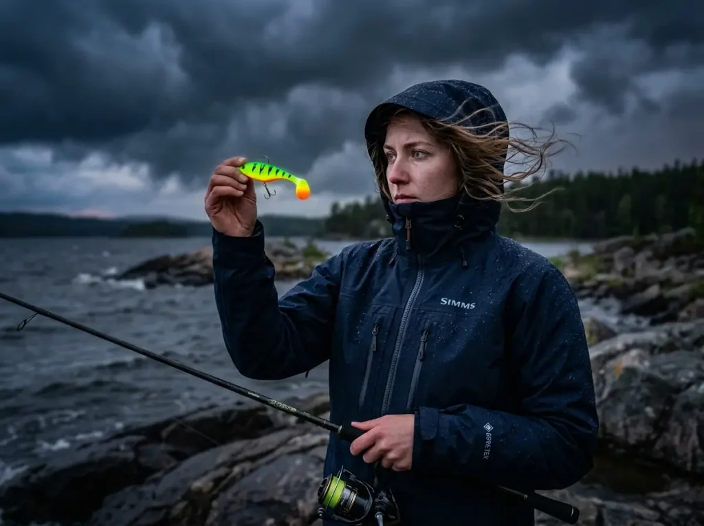 Angler displaying a fluorescent yellow soft plastic lure under stormy skies.