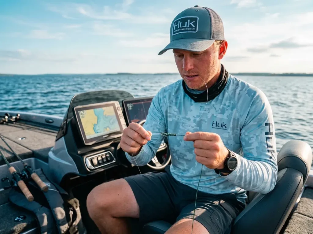 Angler tying low visibility fluorocarbon leader line
