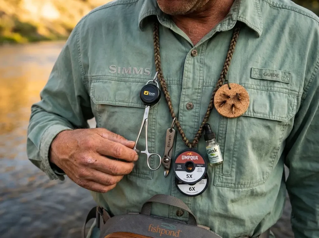 Close-up of a fly fishing lanyard with tools hanging from an anglers neck