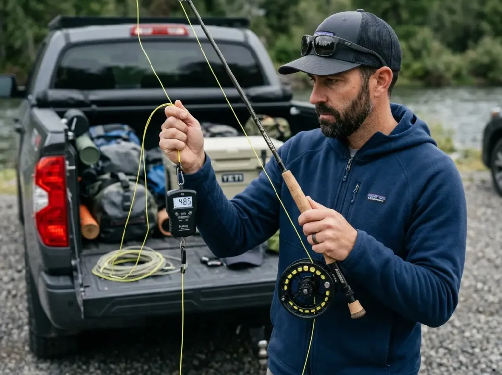 Testing fly reel drag and startup inertia with scale