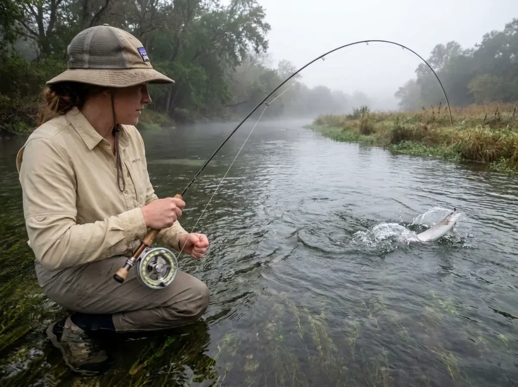 Female fly angler fighting rainbow trout on light tippet with click-pawl reel on spring creek