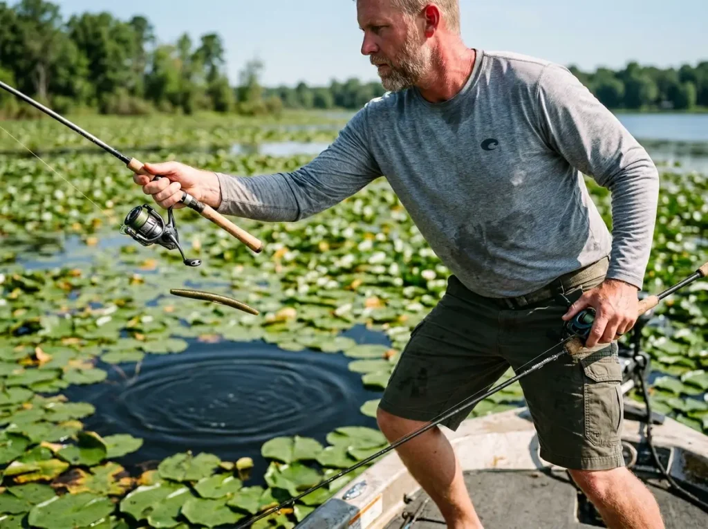 Bass angler making follow-up Senko cast into blow-up hole in lily pad mat after missed frog strike