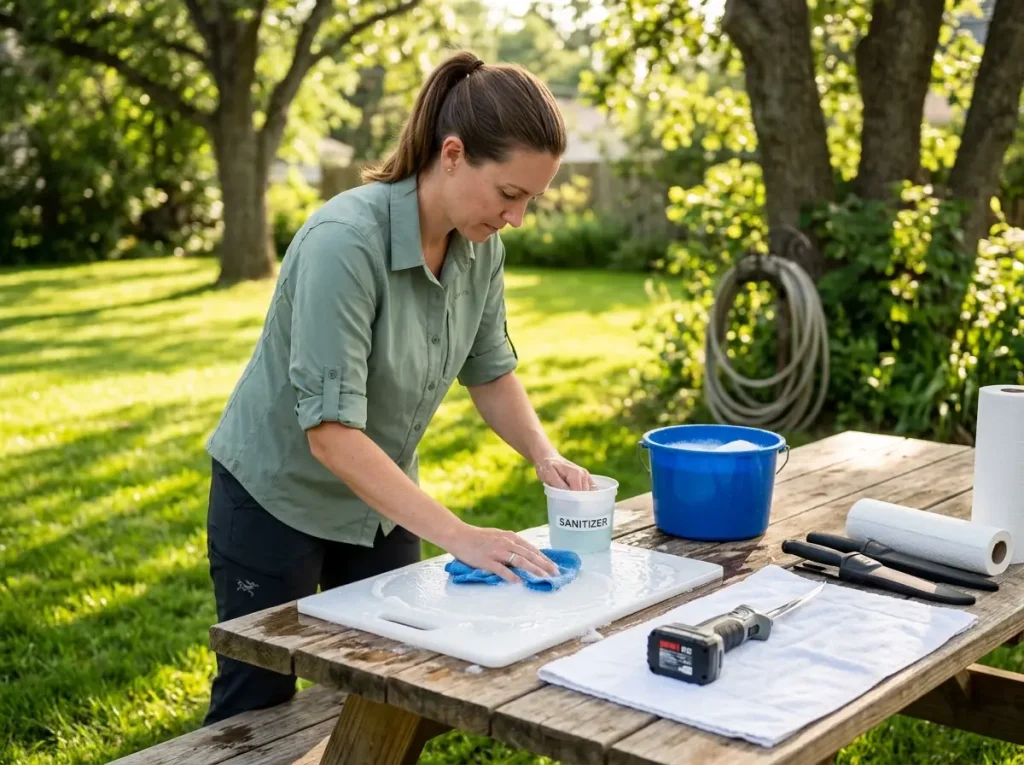 Sanitizing processing table to safely clean and fillet fish for beginners