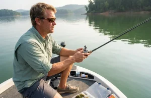4 Football Jig Mistakes That Lose Deep Water Bass Angler dragging a football jig along rocky bottom while bass fishing from a boat