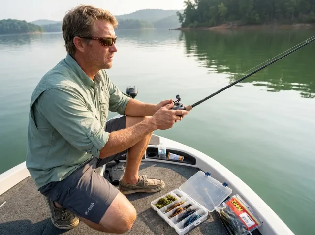 football-jig-deep-bass-fishing-boat Angler dragging a football jig along rocky bottom while bass fishing from a boat